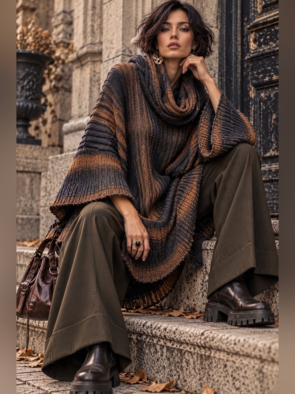 Oversized Ombre Knit Tunic Poncho Sweater Cowl Neck Batwing Poncho Palila Fall